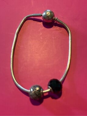 Pandora Silver Bracelet with Black Faceted and Silver Pavé Charms